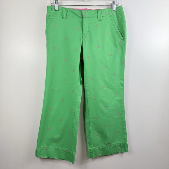 Lilly Pulitzer Vintage Palm Beach Fit Green Capri Pants Size 2 Pink Anchors - Picture 10 of 12